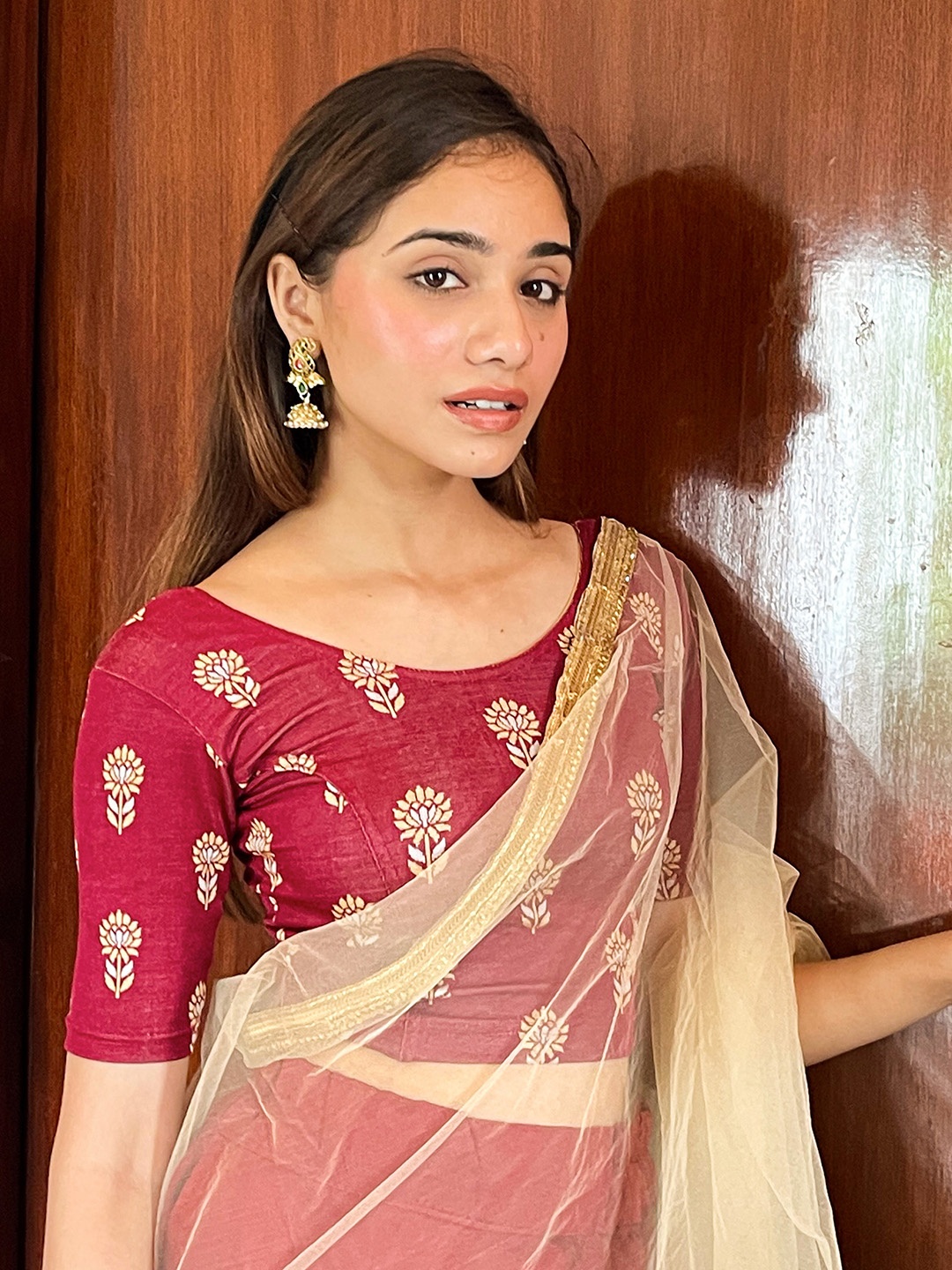 

Bindigasm's Advi Printed Zari Stretchable Saree Blouse, Maroon