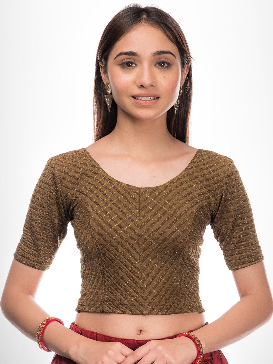 

Bindigasm's Advi Jacquard Stretchable Saree Blouse, Olive