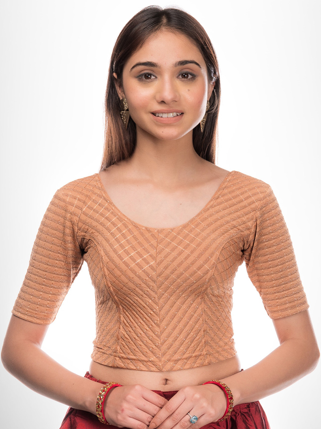 

Bindigasm's Advi Striped Zari Stretchable Jacquard Saree Blouse, Copper