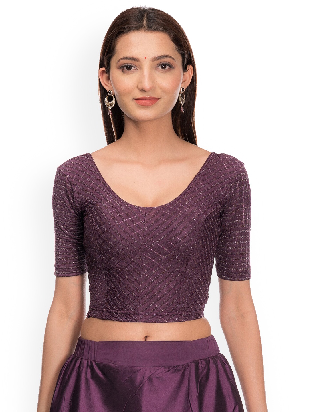 

Bindigasm's Advi Zari Stripes Stretchable Readymade Saree Blouse, Purple