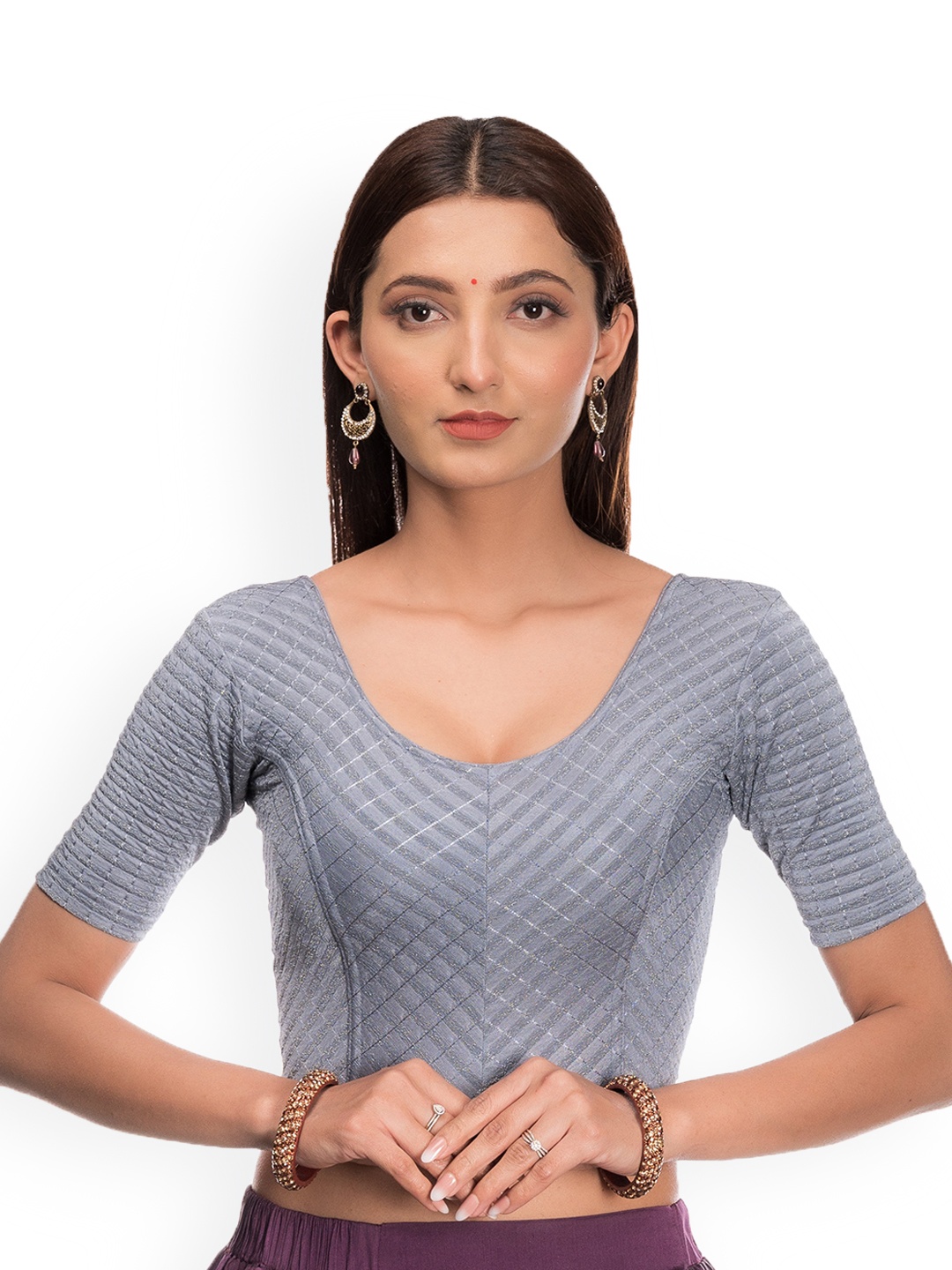 

Bindigasm's Advi Striped Stretchable Saree Blouse, Grey