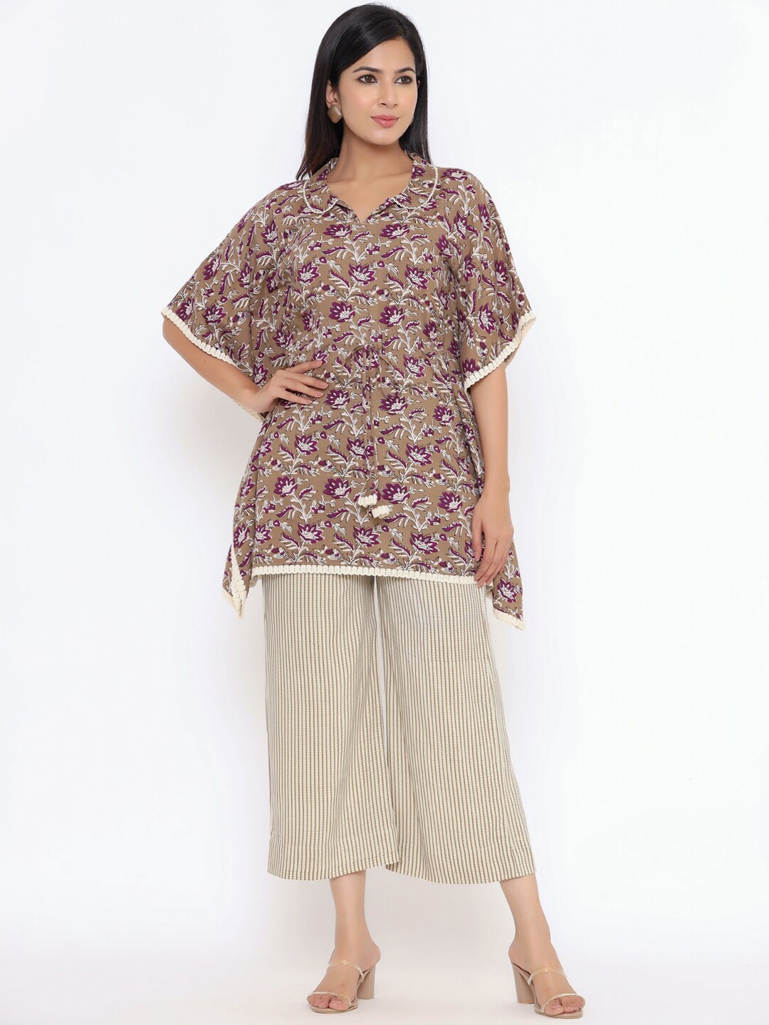 

Indian Virasat Floral Printed Regular Kurti With Trousers, Brown