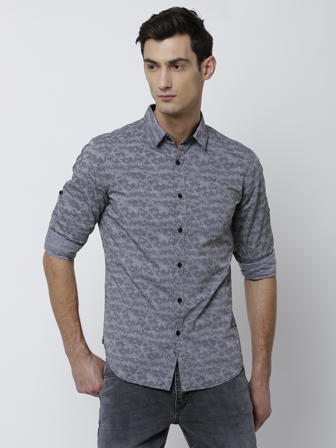 

LOCOMOTIVE Men Grey Slim Fit Printed Casual Shirt