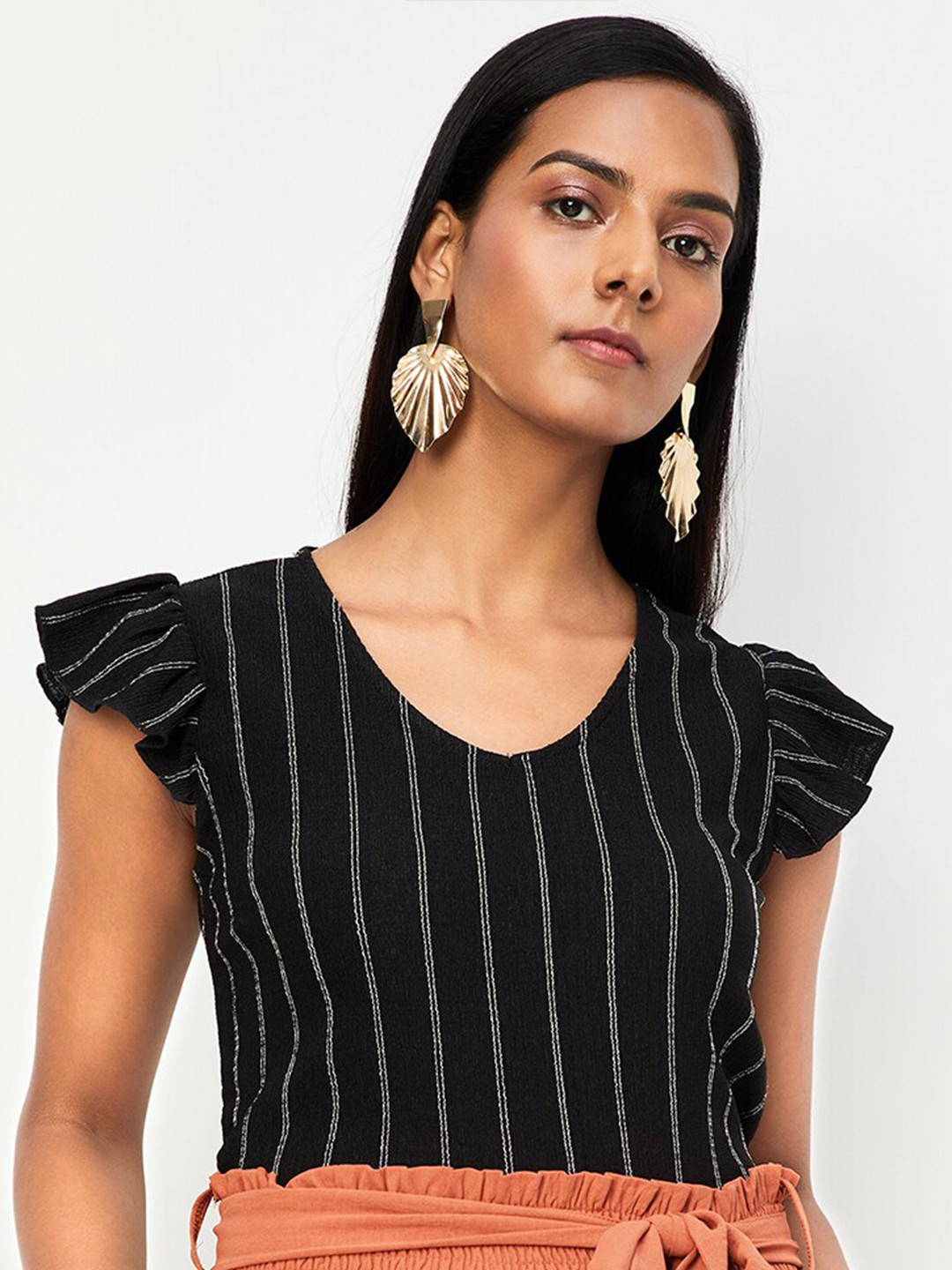 

max Striped Flutter Sleeves Top, Black