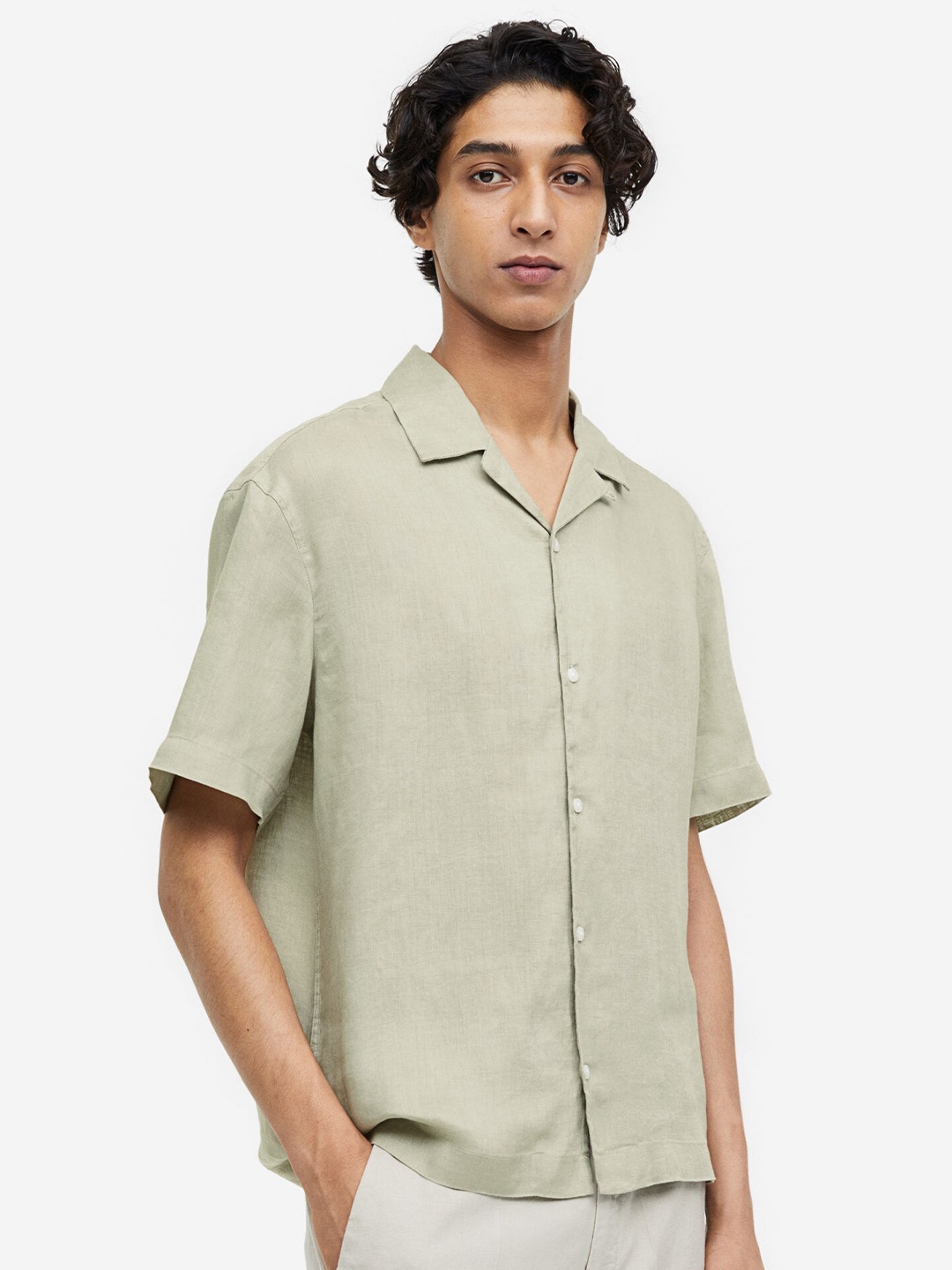 

H&M Relaxed Fit Pure Linen Resort Shirt, Green