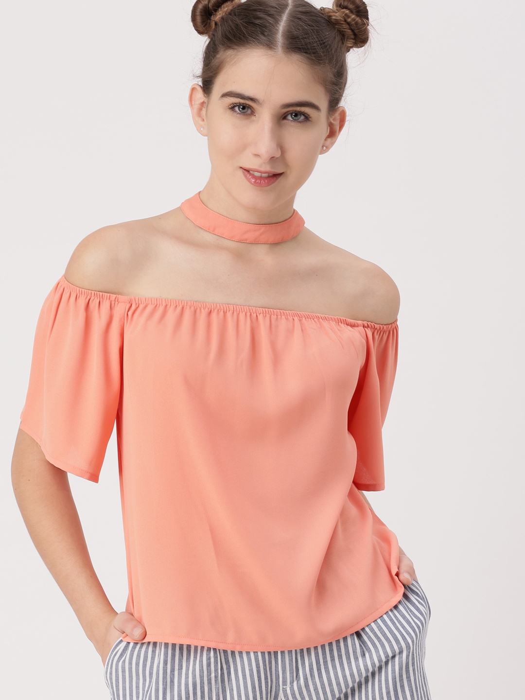 

DressBerry Women Peach-Coloured Solid Bardot Top