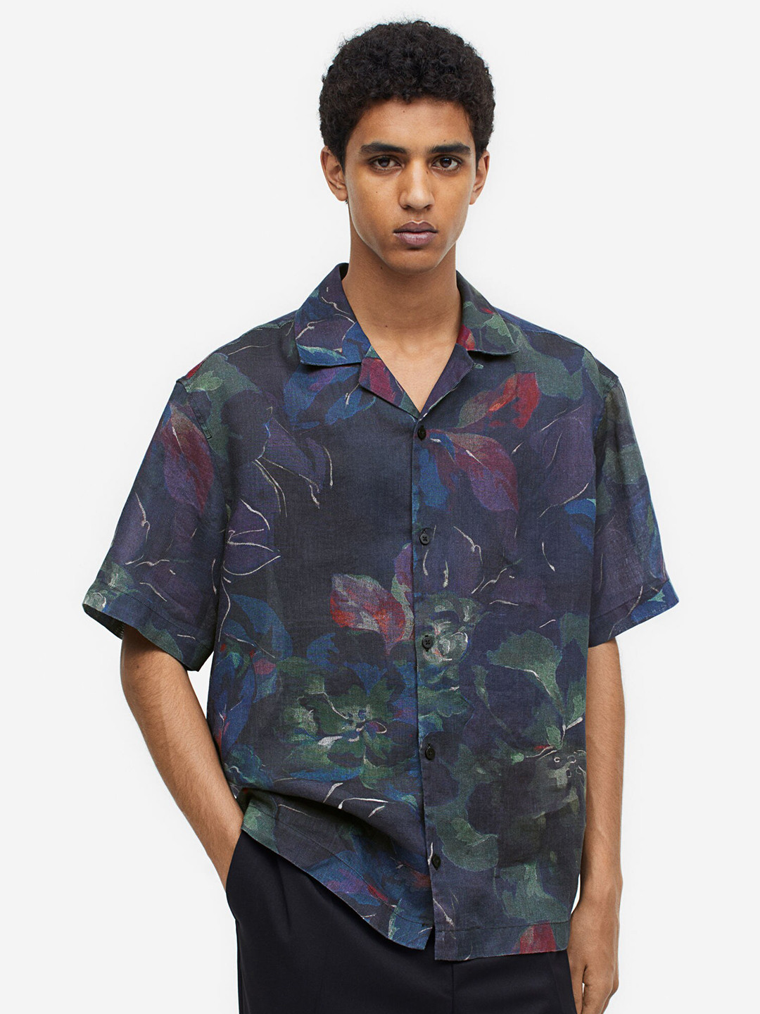 

H&M Relaxed Fit Linen Resort Shirt, Blue