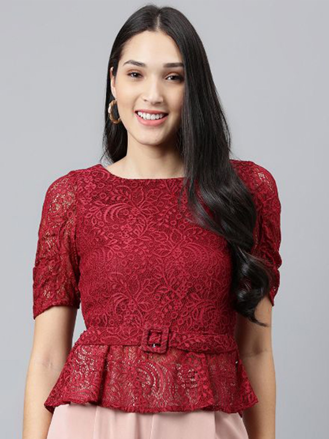 

Latin Quarters Self Design Lace Top, Maroon