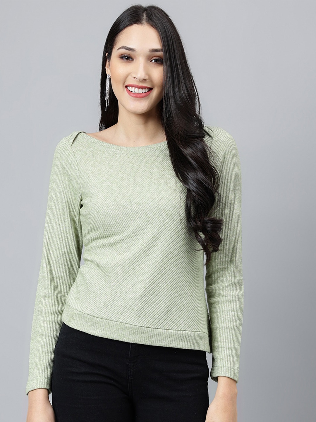 

Latin Quarters Self Design Boat Neck Ribbed Long Sleeves Top, Green