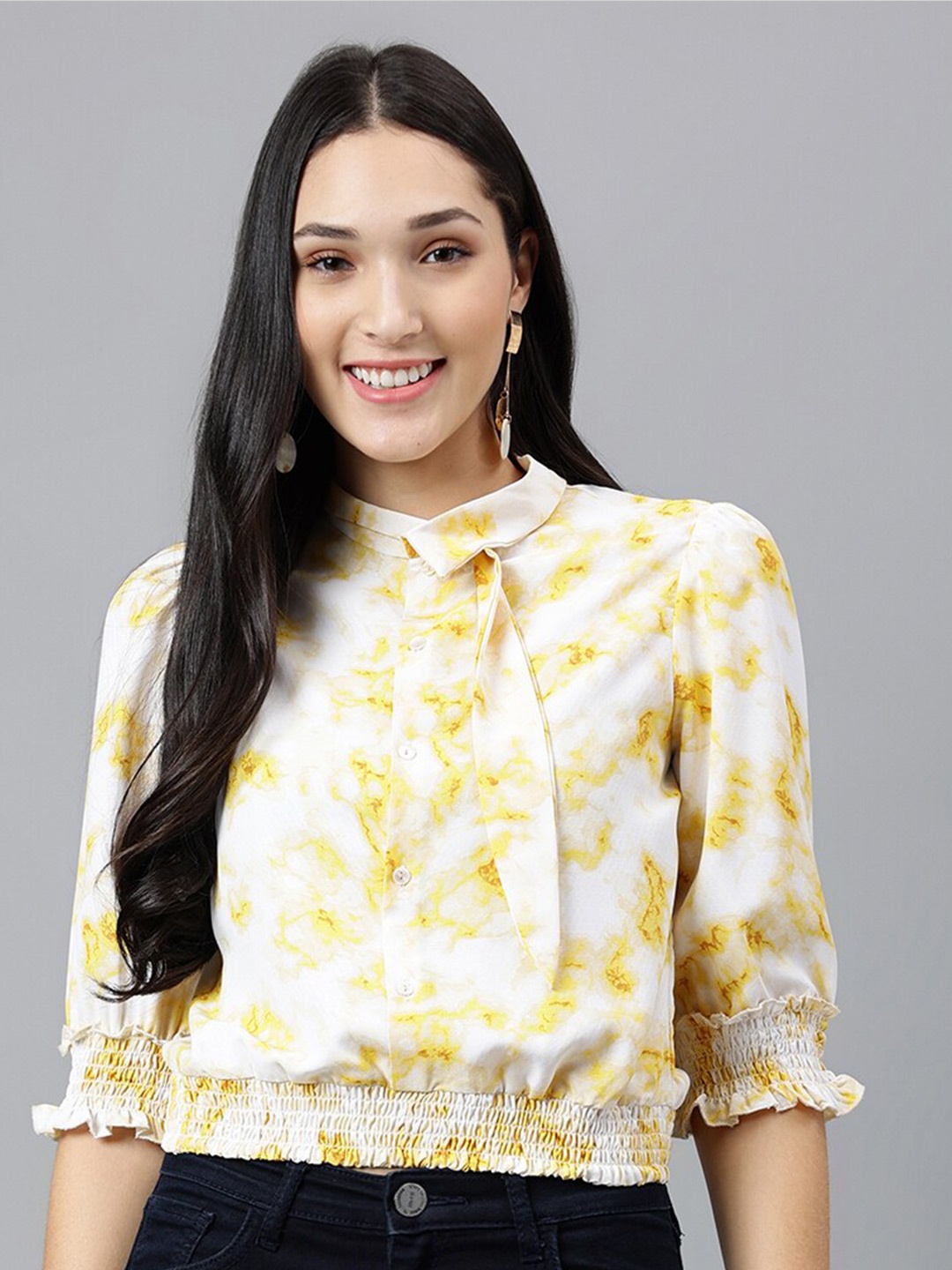 

Latin Quarters Abstract Printed Puff Sleeves Smocking Top, Yellow