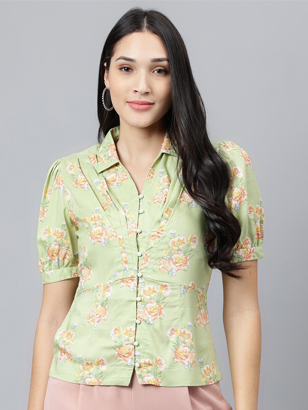 

Latin Quarters Floral Printed Puff Sleeves Shirt Style Top, Green
