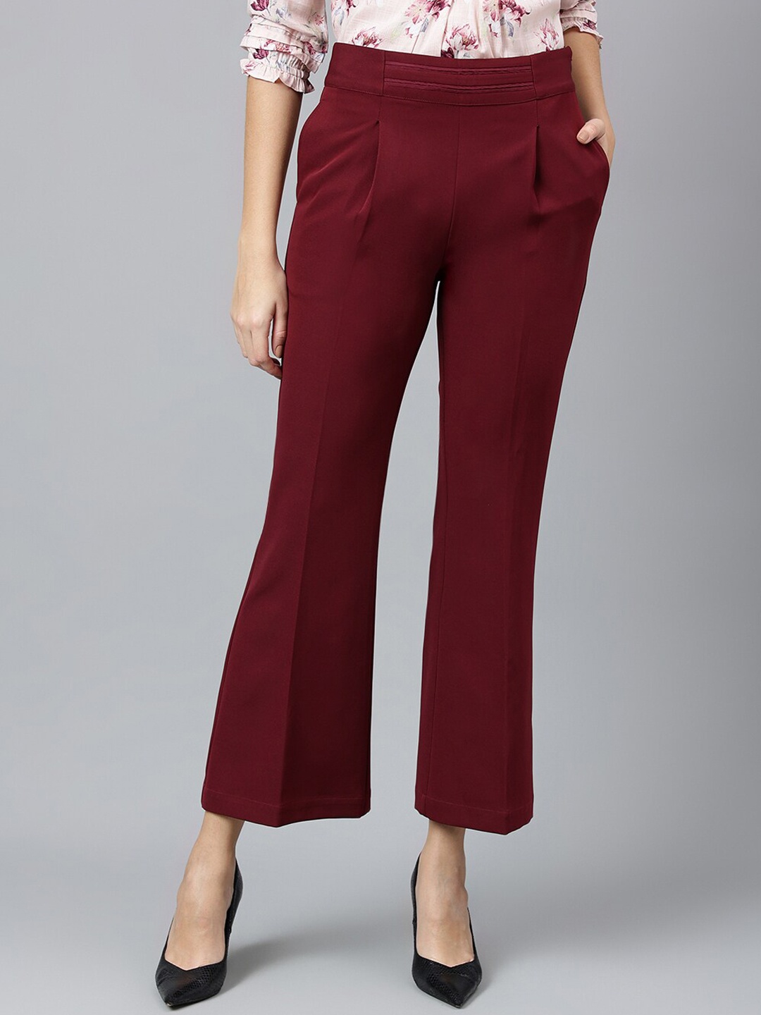 

Latin Quarters Women Mid-Rise Flared Pleated Bootcut Trousers, Maroon