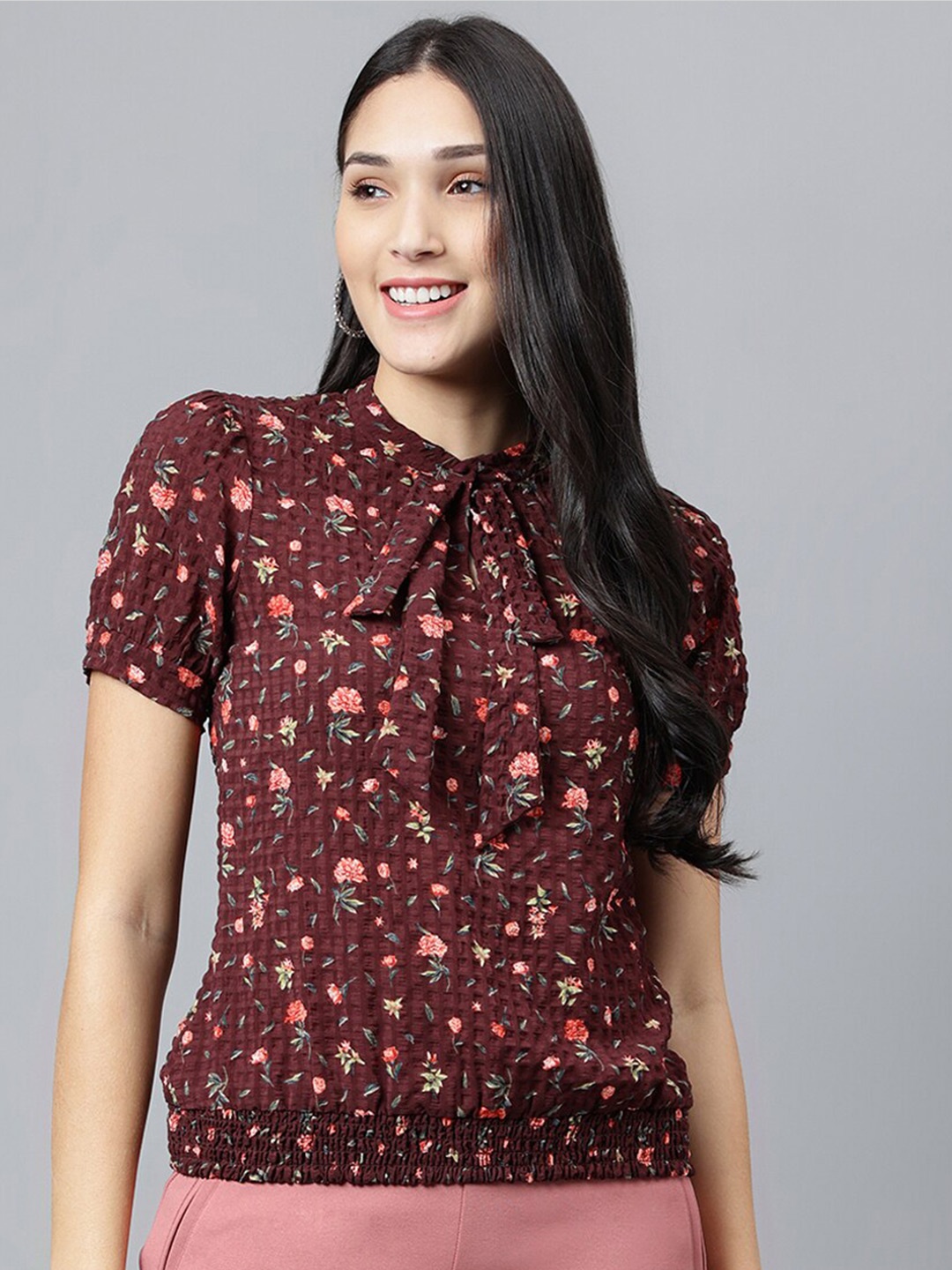 

Latin Quarters Floral Printed Tie-up Neck Blouson Top, Maroon