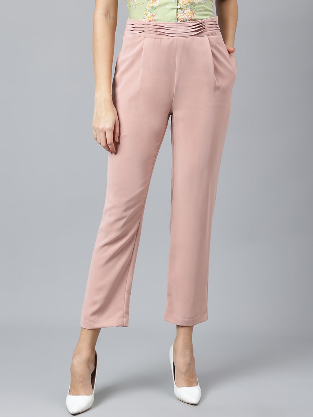 

Latin Quarters Women Regular Cropped Pleated Trousers, Peach