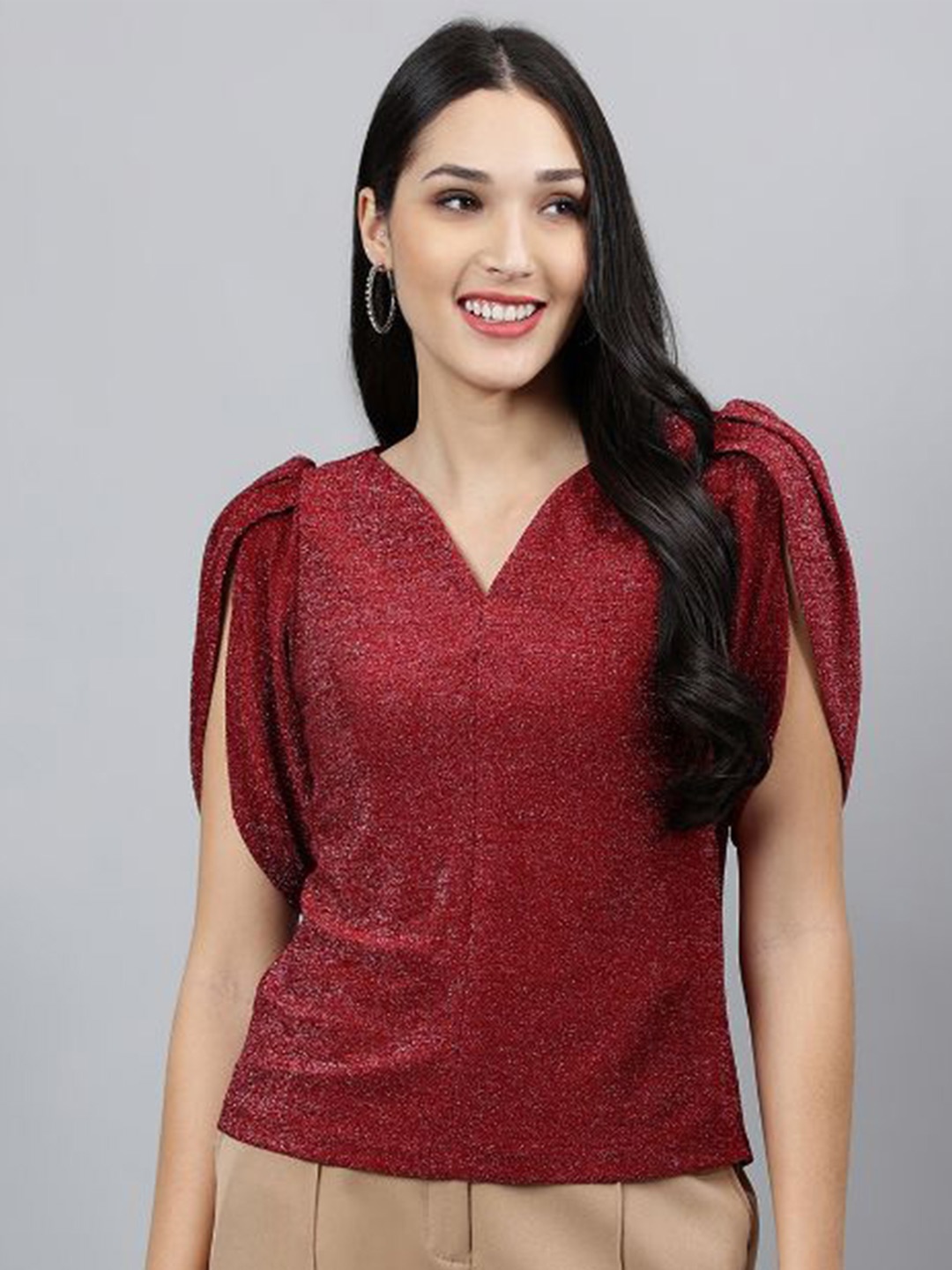 

Latin Quarters V-Neck Self Design Top, Red