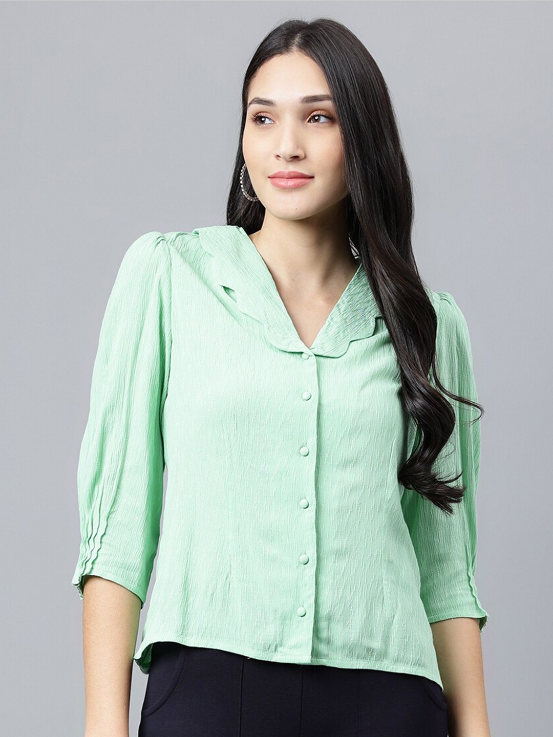 

Latin Quarters Self Designed Cuff Sleeves Shirt Collar Top, Green