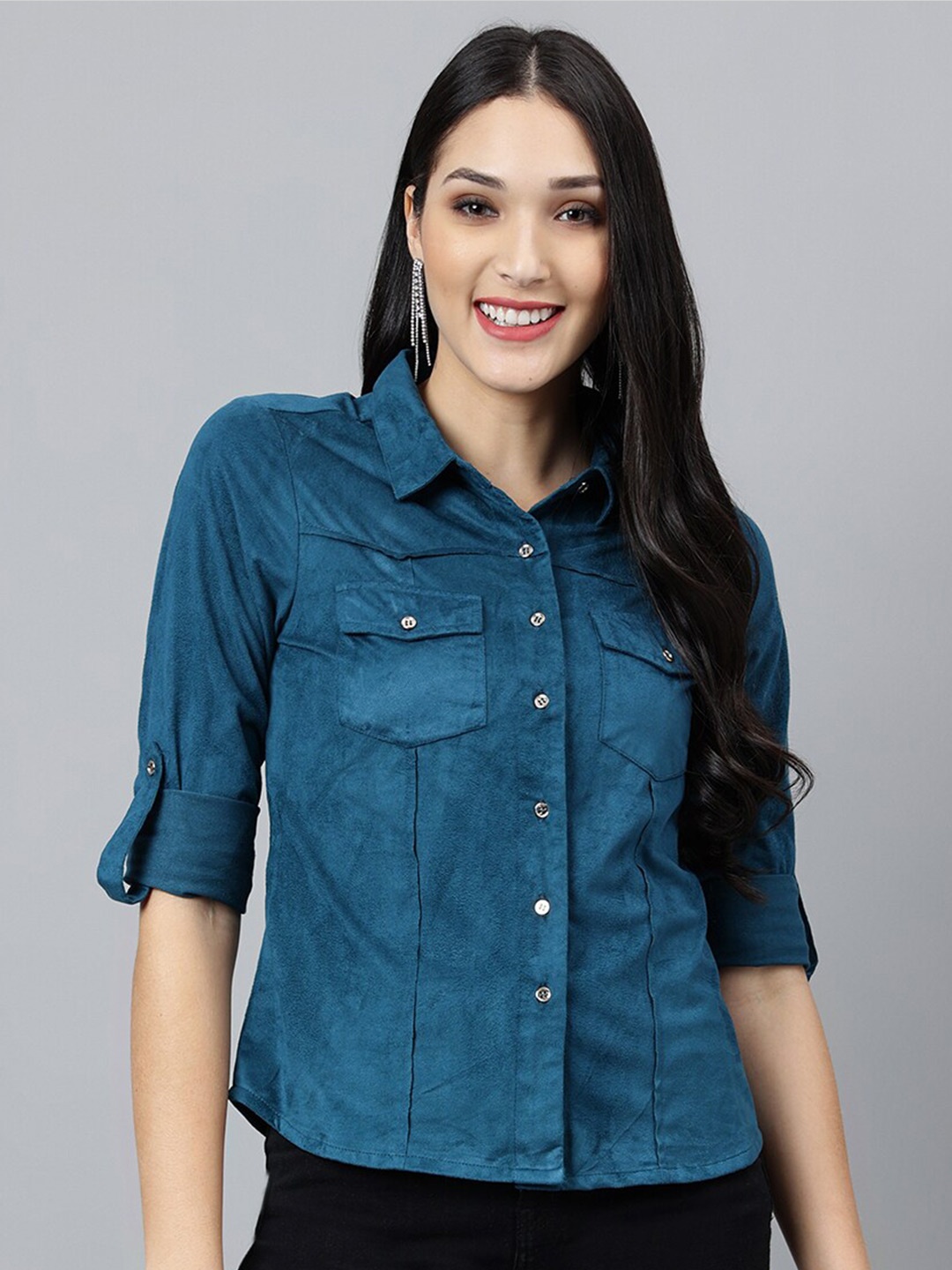 

Latin Quarters Shirt Collar Shirt Style Top, Teal