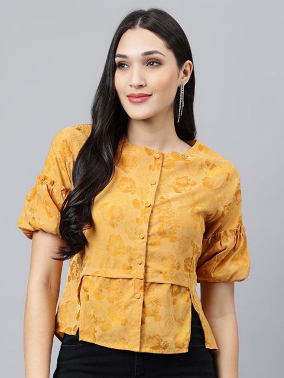 

Latin Quarters Floral Printed Puff Sleeves Top, Mustard