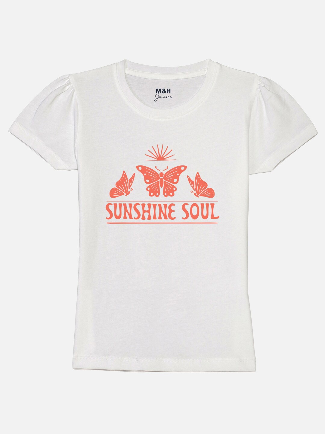 

Mast & Harbour Girls Printed Puff Sleeves Pure Cotton T-shirt, White