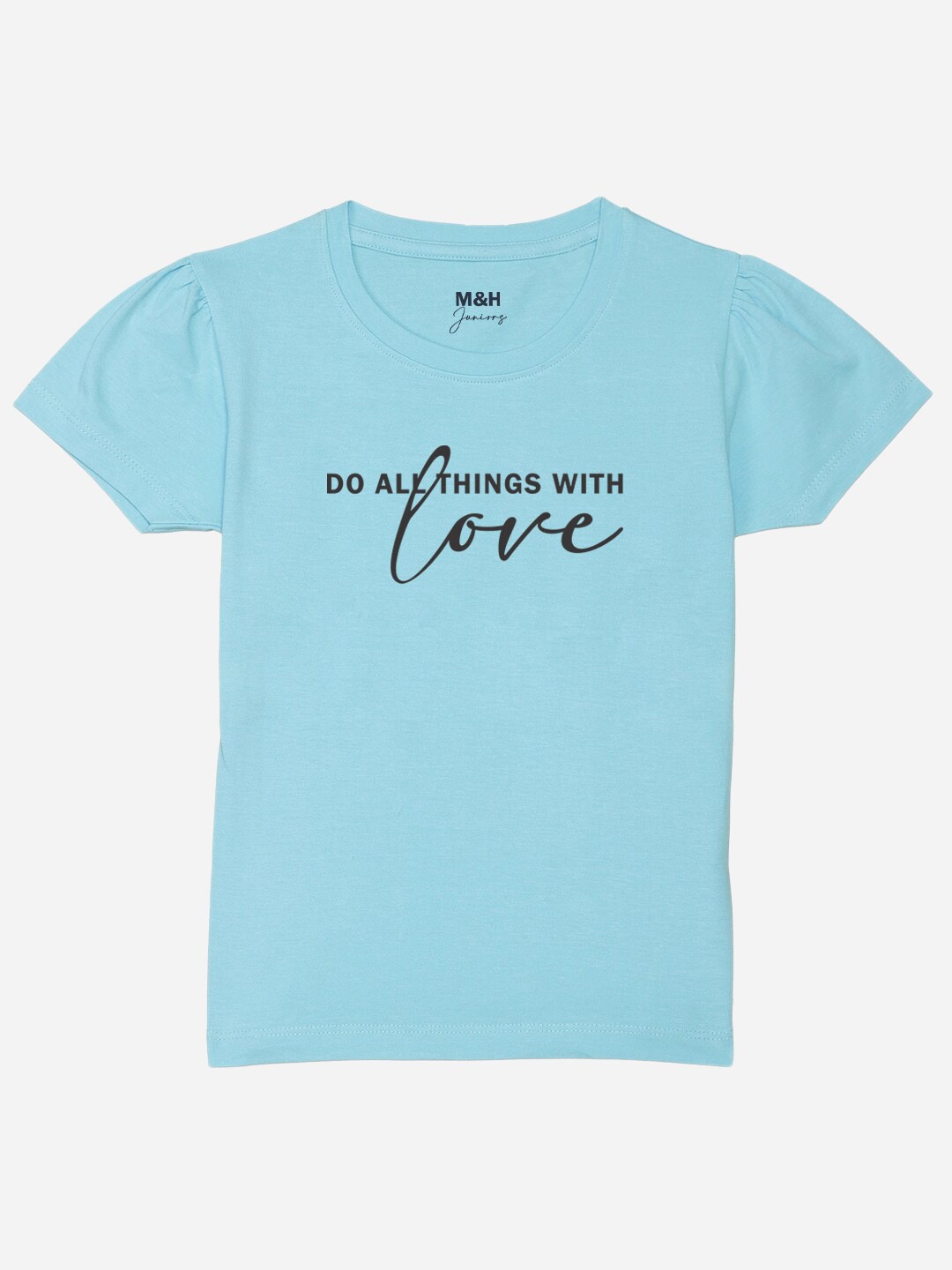 

Mast & Harbour Girls Blue Typography Printed Puff Sleeves Pure Cotton T-shirt