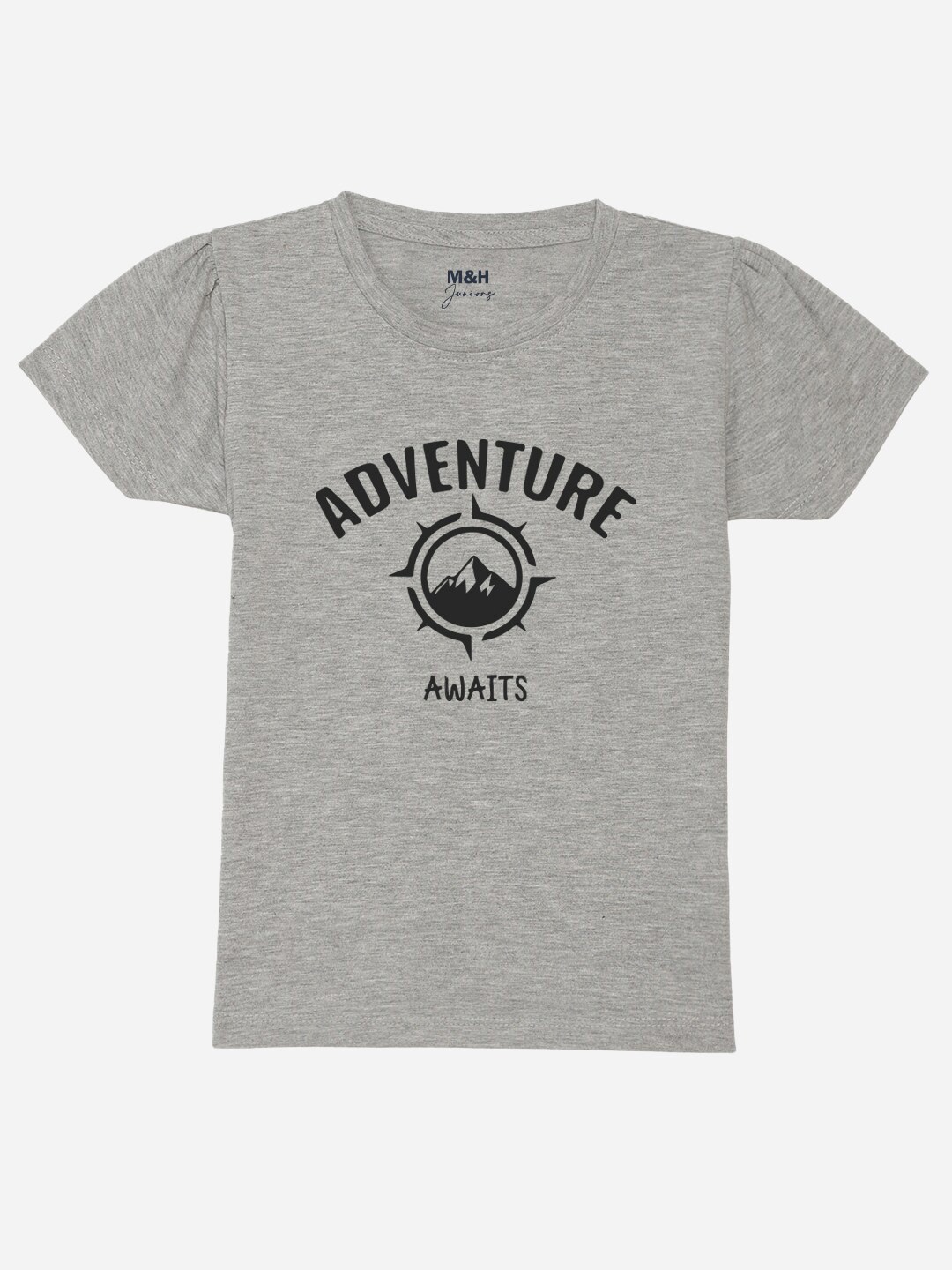 Mast & Harbour Girls Typography Printed Puff Sleeves Pure Cotton T-shirt, Grey