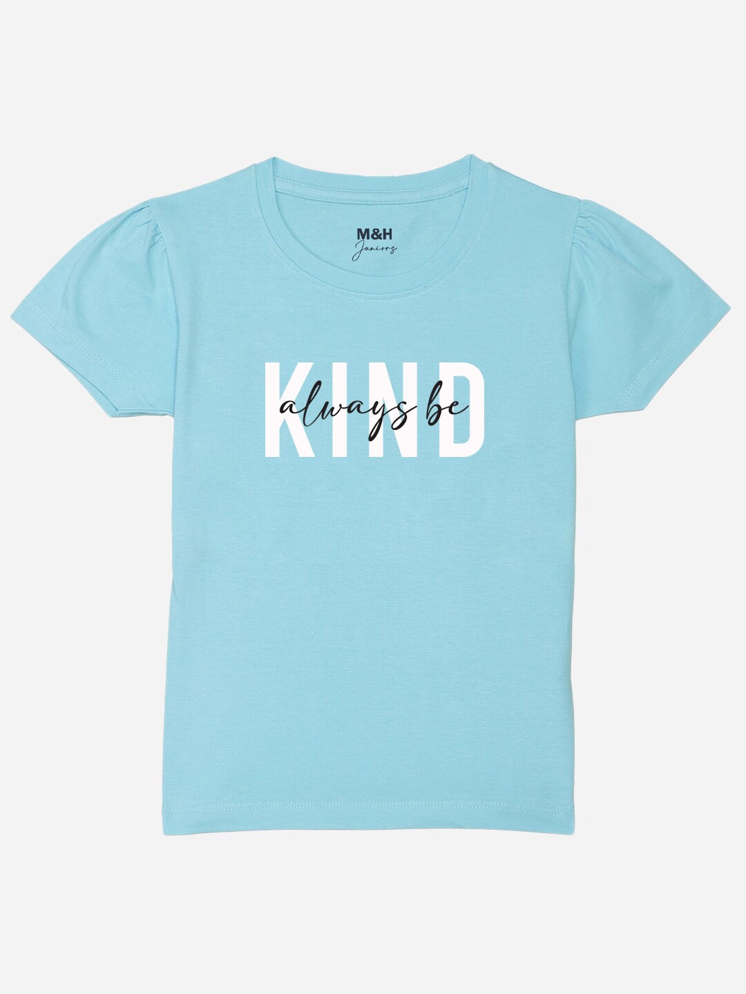 

Mast & Harbour Girls Typography Printed Puff Sleeves Pure Cotton T-shirt, Blue