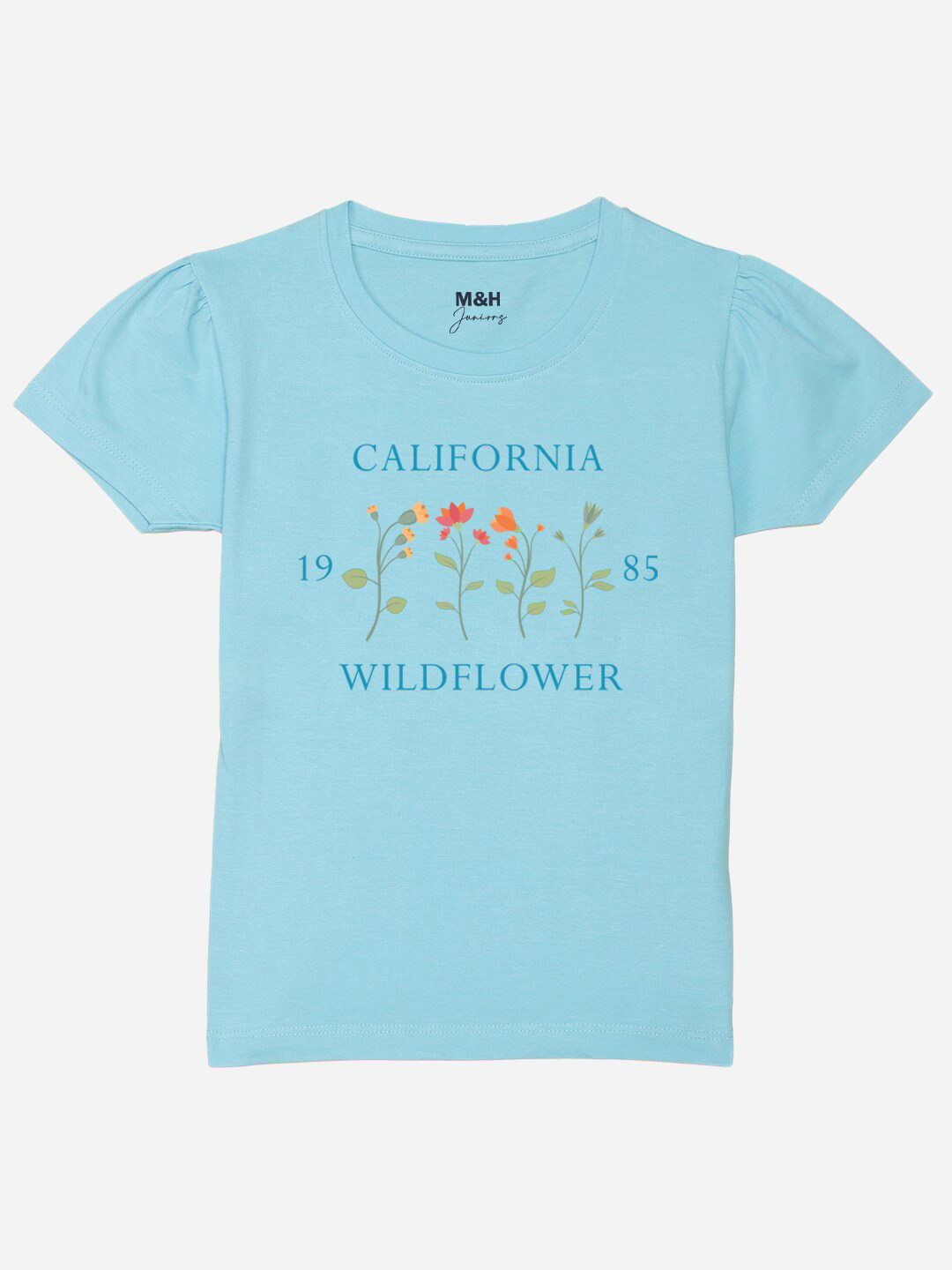 

Mast & Harbour Girls Typography Printed Puff Sleeves Pure Cotton T-shirt, Blue