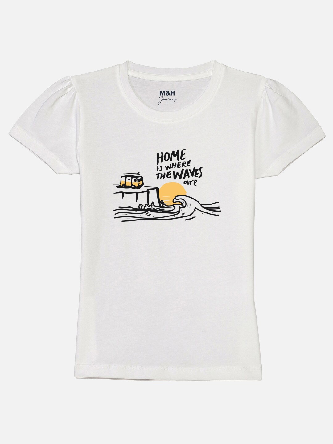 

Mast & Harbour Girls White Typography Printed Puff Sleeves Pure Cotton T-shirt