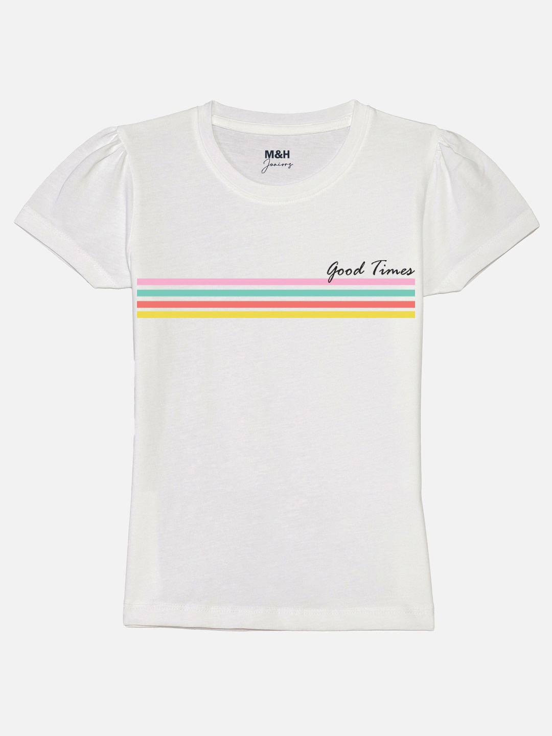 

Mast & Harbour Girls White Typography Printed Puff Sleeves Pure Cotton T-shirt