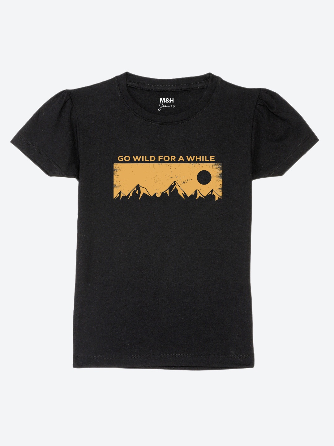 

Mast & Harbour Girls Black Typography Printed Puff Sleeves Pure Cotton T-shirt