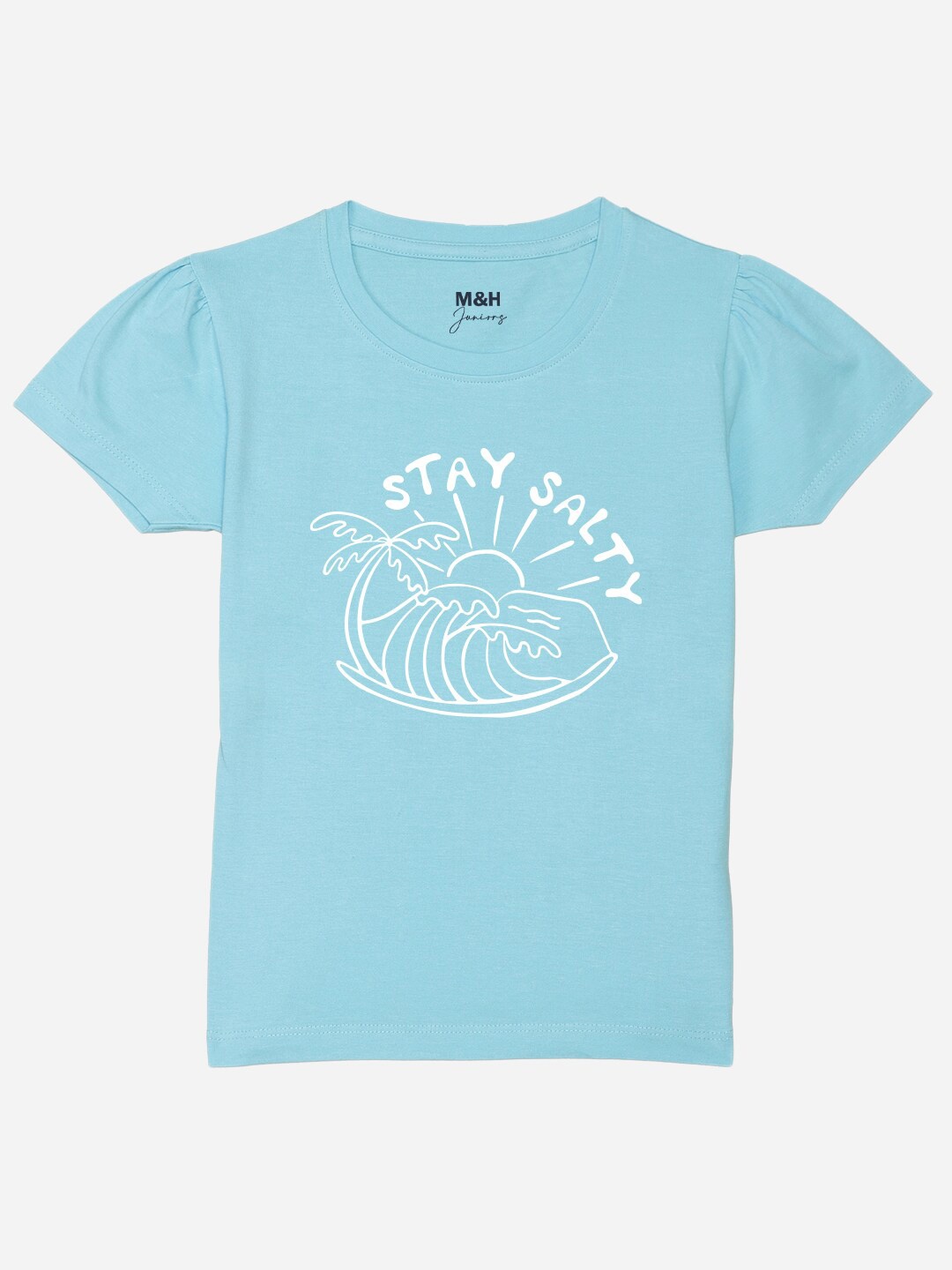 

Mast & Harbour Girls Blue Graphic Printed Puff Sleeves Pure Cotton T-shirt
