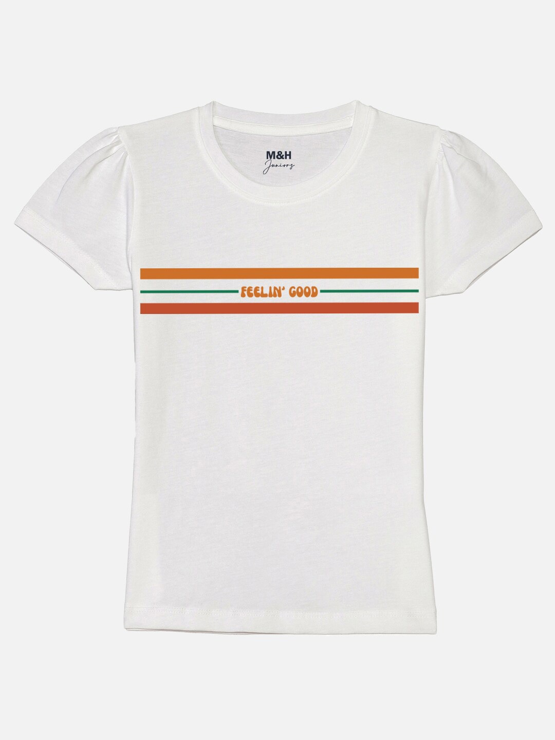 

Mast & Harbour Girls White Puff Sleeves Pure Cotton T-shirt