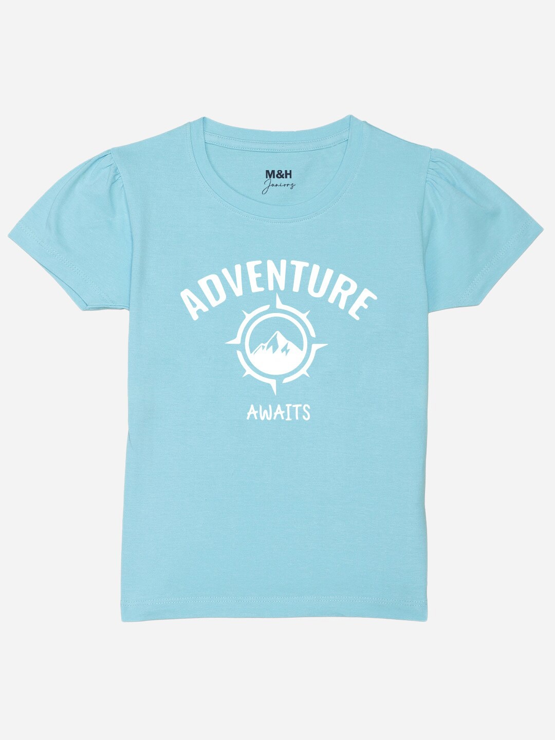 

Wear Your Mind Girls Blue Typography Printed Puff Sleeves Cotton T-shirt