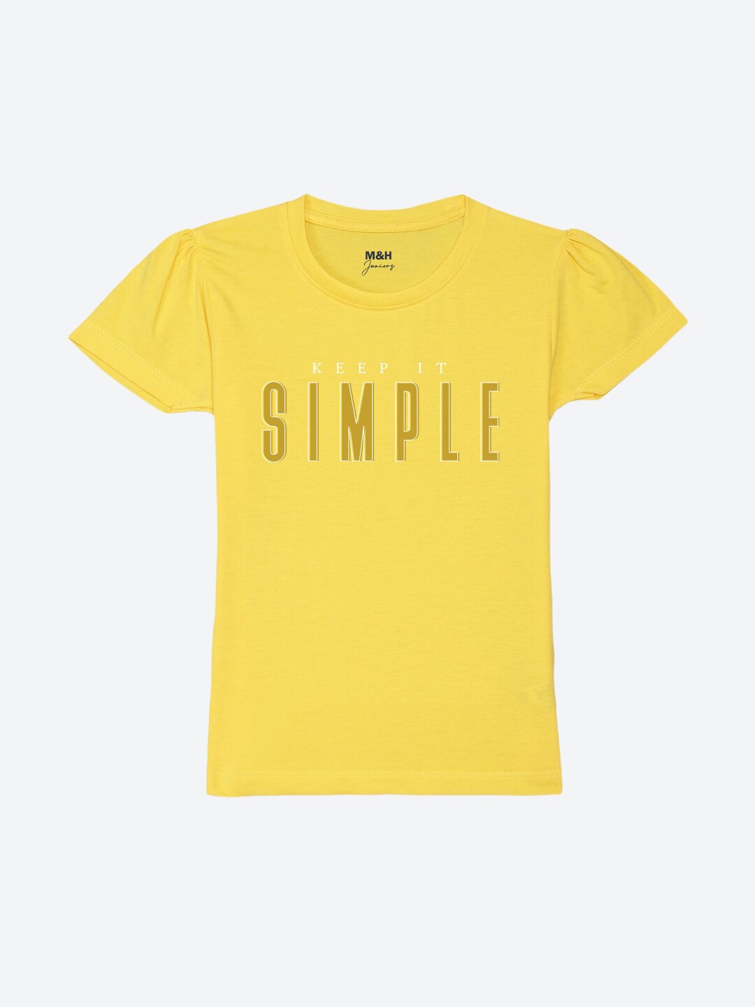 

Mast & Harbour Girls Yellow Typography Printed Puff Sleeves Pure Cotton T-shirt