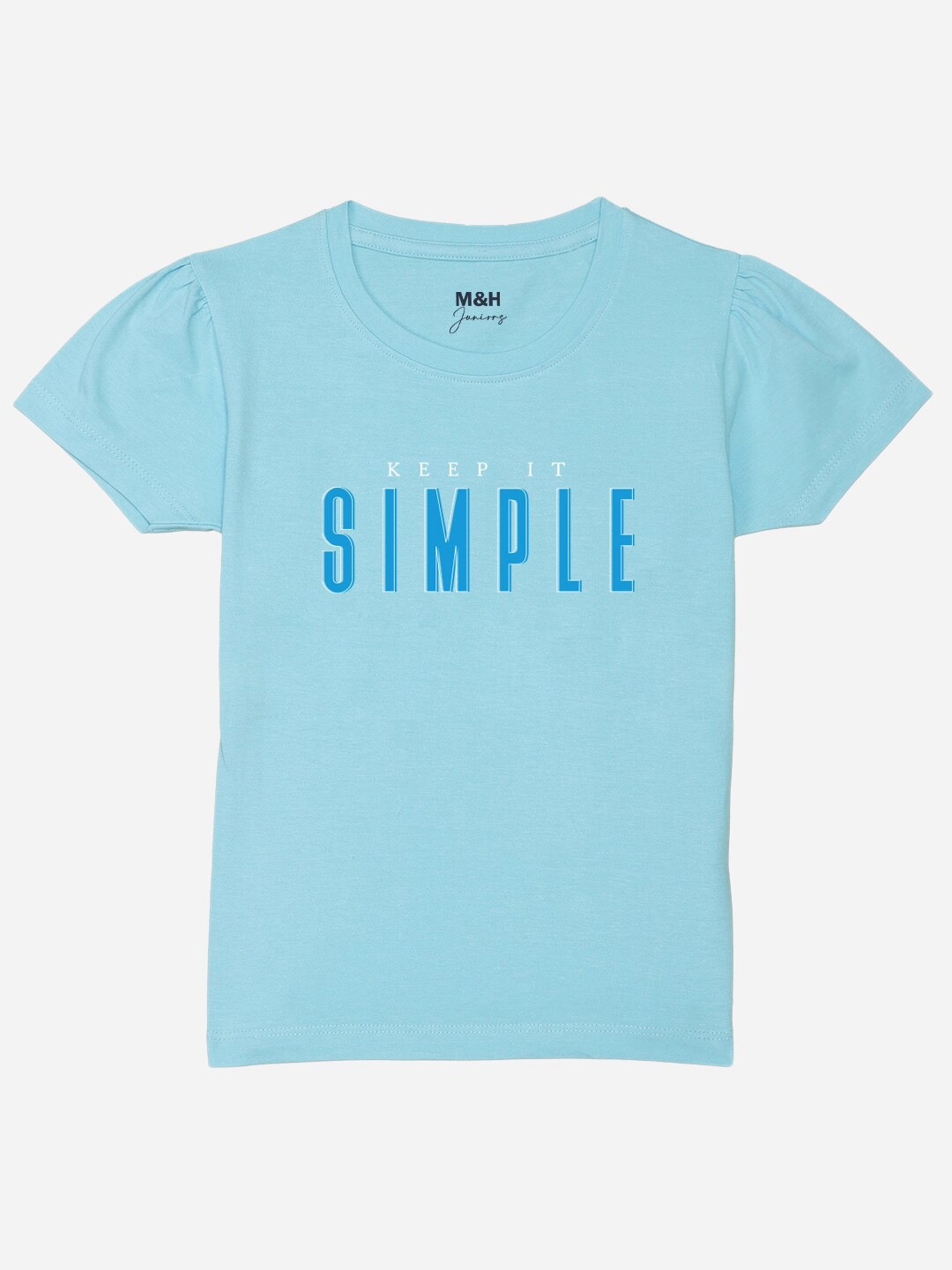 

Mast & Harbour Girls Typography Printed Puff Sleeves Pure Cotton T-shirt, Blue