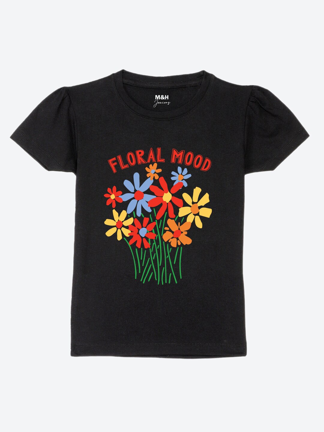 

Mast & Harbour Girls Typography Printed Puff Sleeves Pure Cotton T-shirt, Black