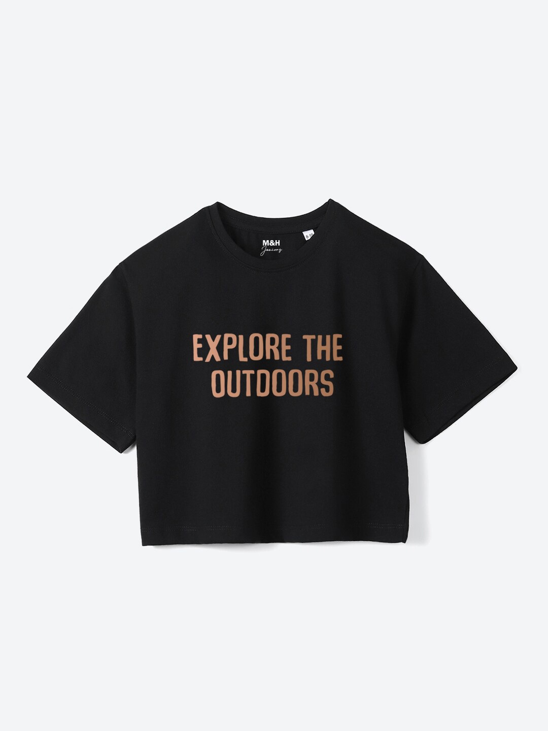 

Mast & Harbour Girls Black Typography Printed Pure Cotton Boxy Crop T-shirt