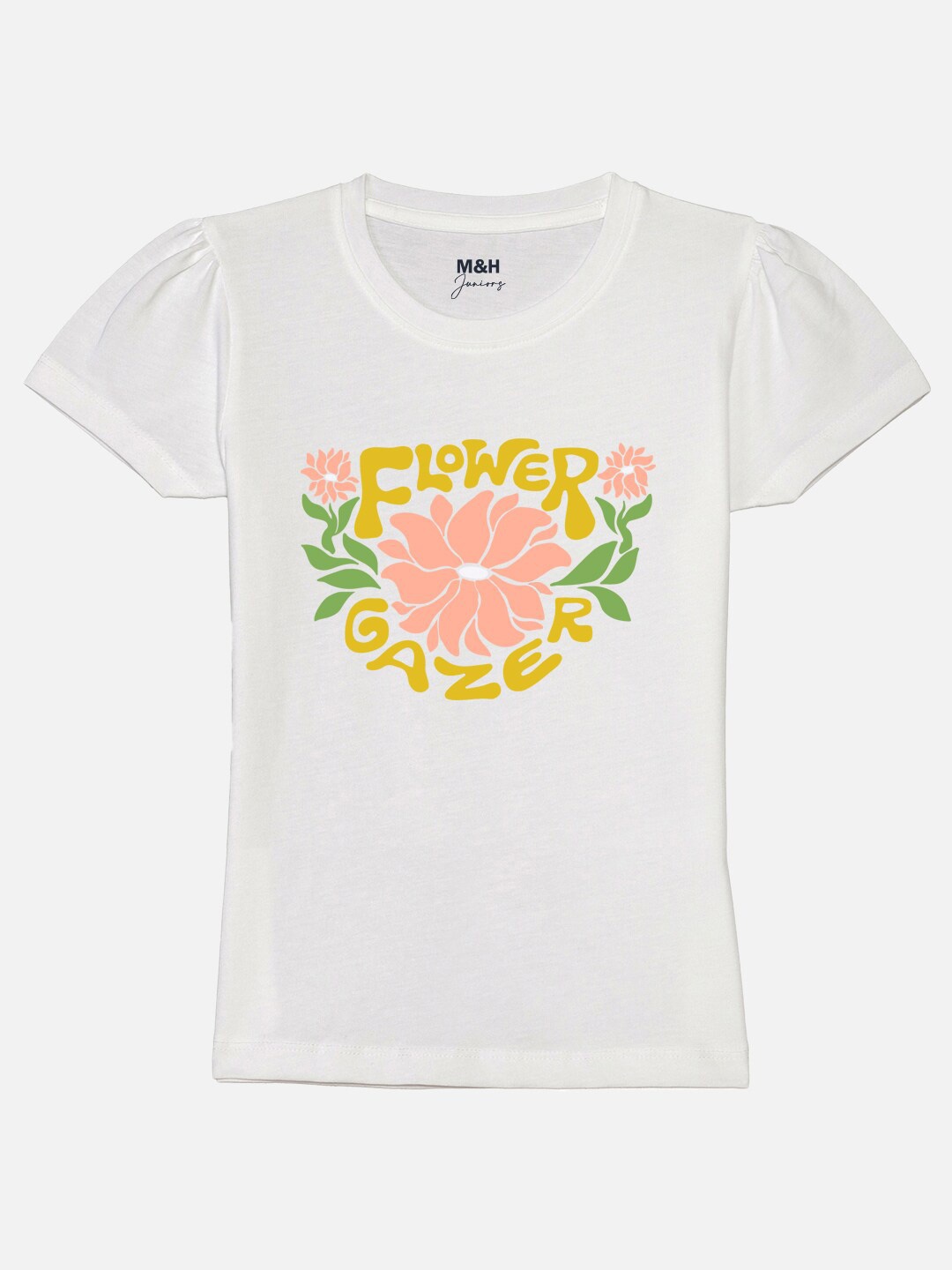 

Mast & Harbour Girls White Typography Printed Puff Sleeves Pure Cotton T-shirt