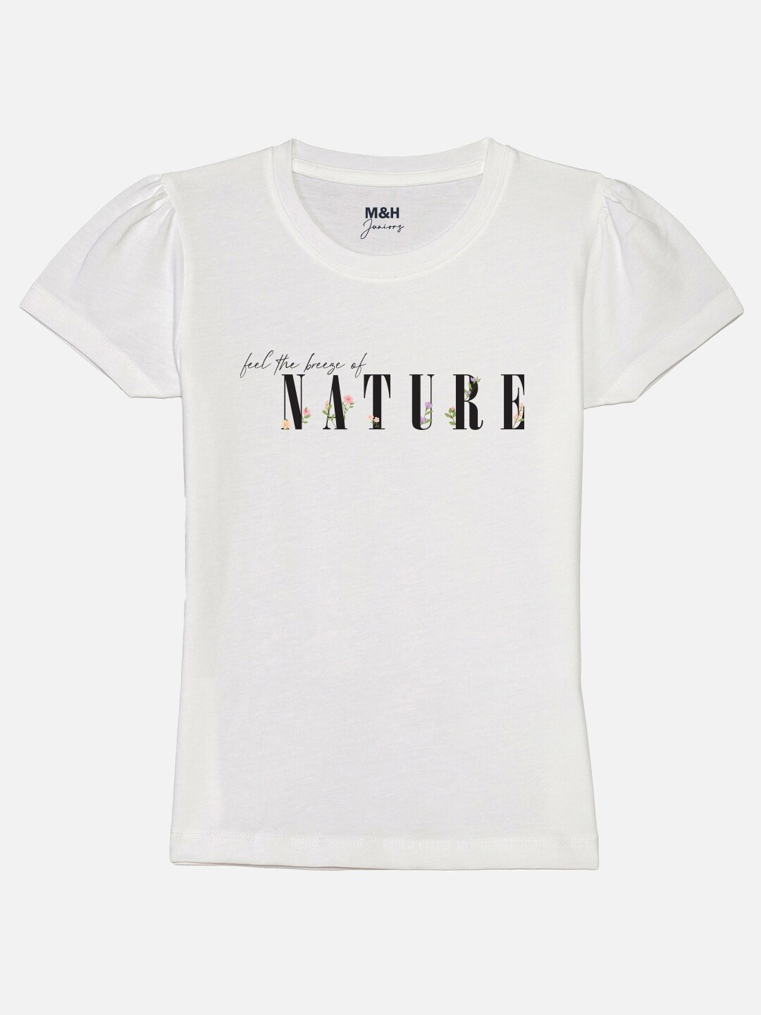 

Mast & Harbour Girls White Typography Printed Puff Sleeves Pure Cotton T-shirt
