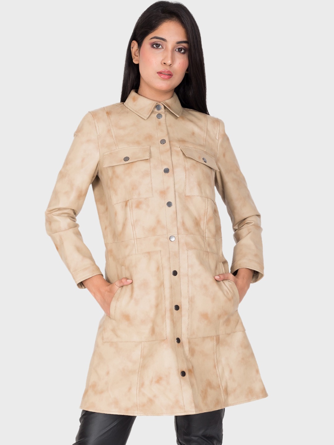 

Justanned Abstract Printed Spread Collar Longline Tailored Jacket, Beige