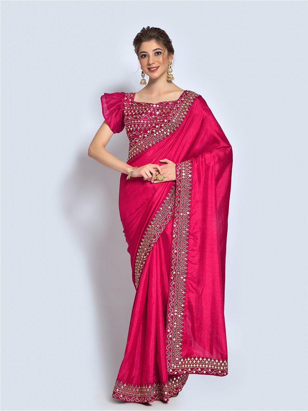 

Mitera Pink & Gold-Toned Mirror Work Art Silk Saree