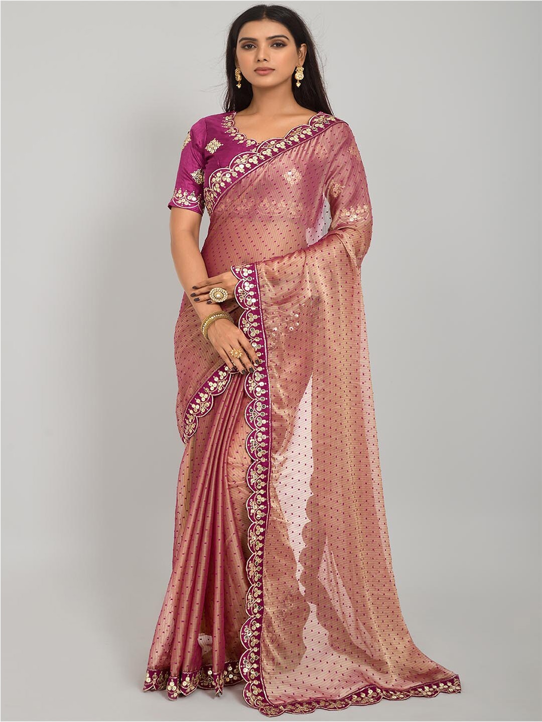 

Mitera Purple & Pink Polka Dot Printed Embroidered Saree