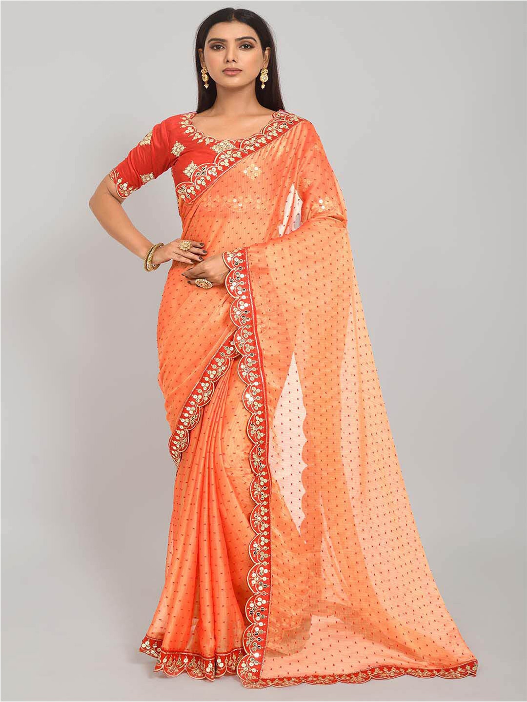 

Mitera Orange & Pink Polka Dot Art Silk Saree