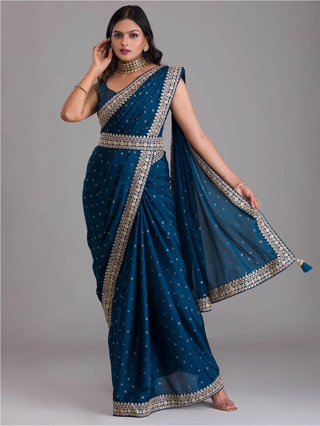 

Mitera Blue Embellished Sequinned Saree With Belt