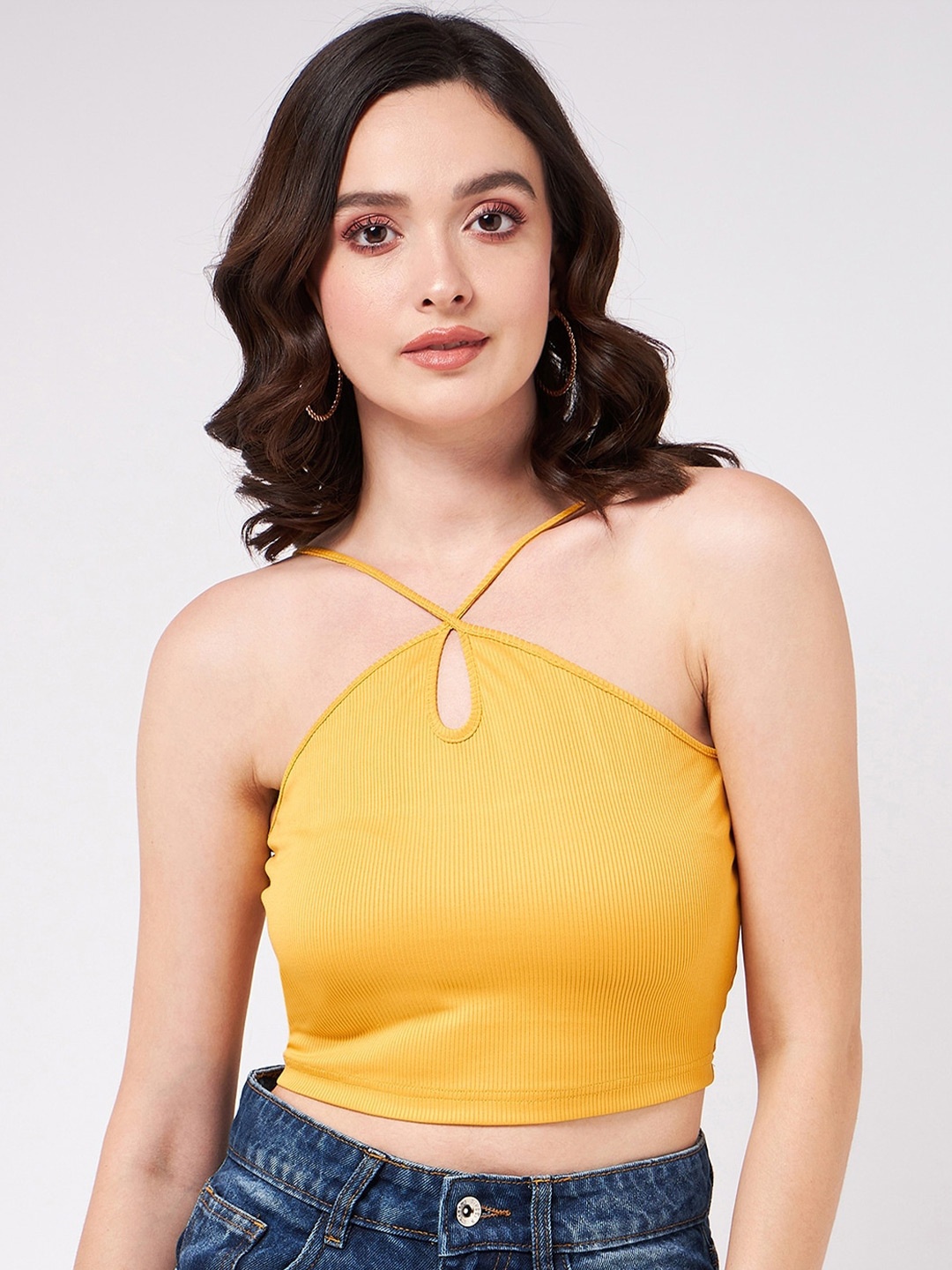 

Zima Leto Shoulder Straps Ribbed Fitted Crop Top, Yellow