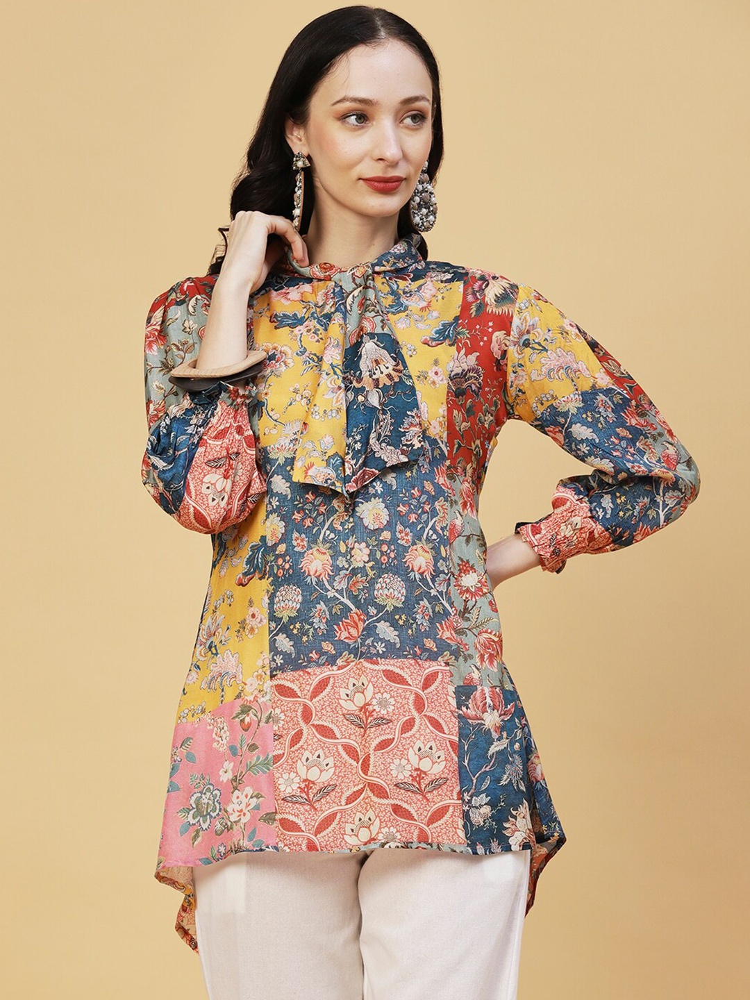 

FASHOR Floral Printed Tie-Up Detail Tunic, Blue