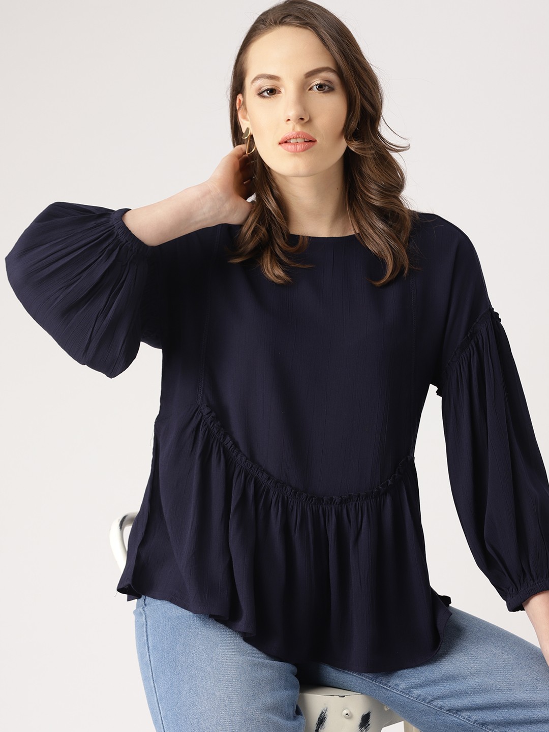 

DressBerry Women Navy Solid A-Line Top, Navy blue