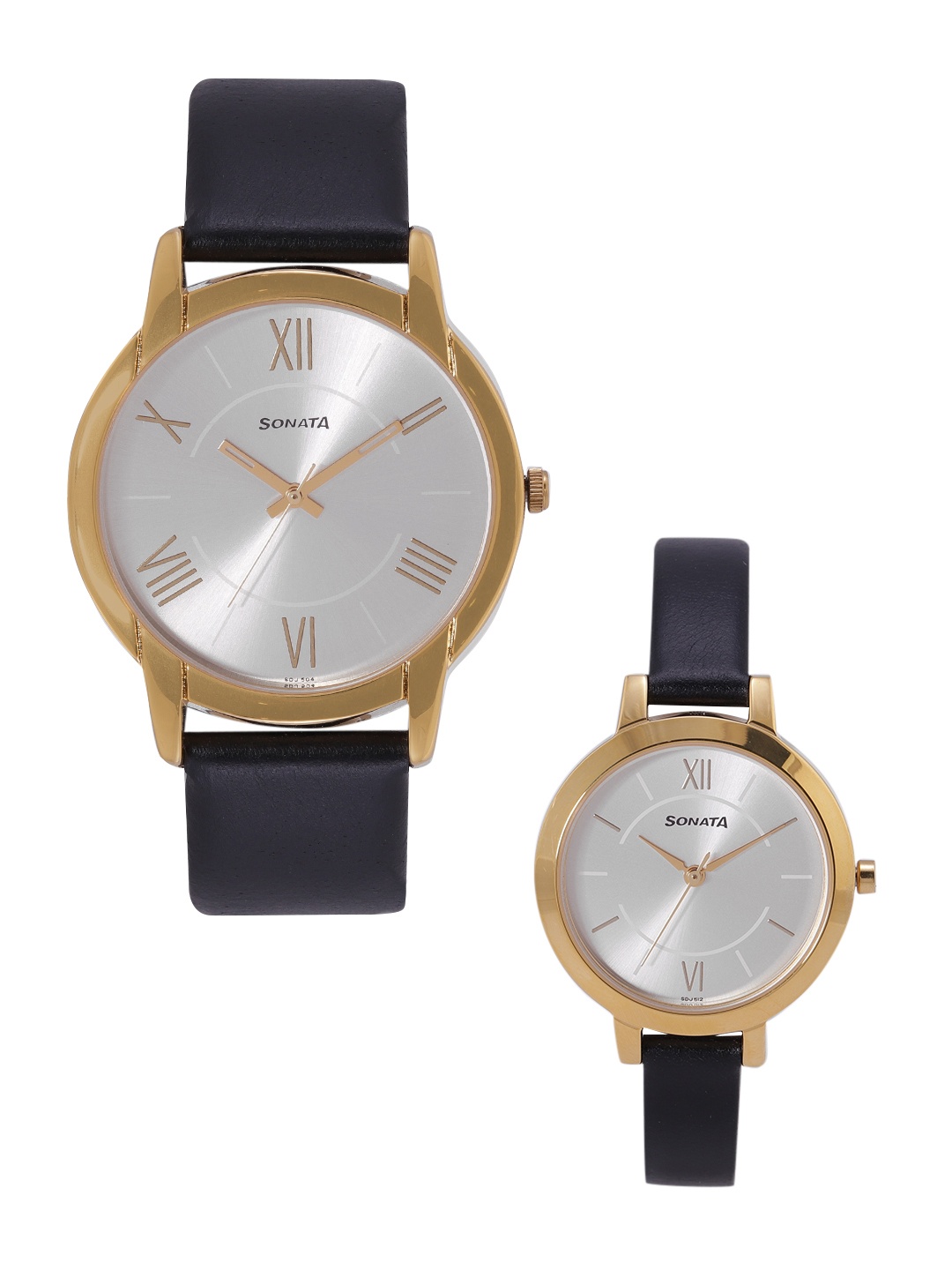 

Sonata Leather Straps Analogue Couple Watch NP770318141YL01, Silver