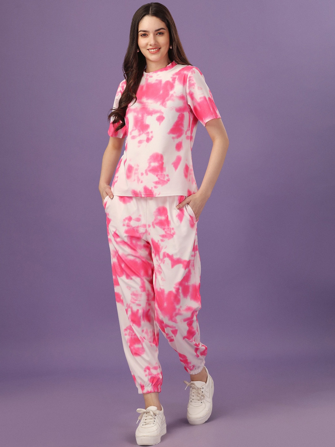 

WESTHOOD Tie & Dye Printed Casual Women Co ord set, Pink