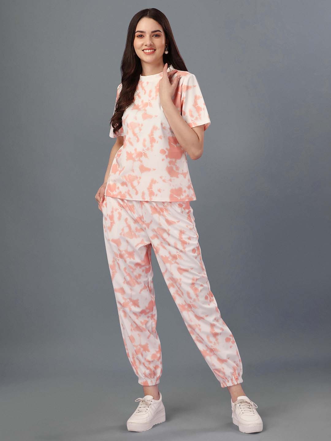 

WESTHOOD Tie & Dye Printed Casual Women Co ord set, Peach